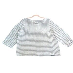H by Halston 3/4 Sleeve Boxy Top Shirt Size‎ M Striped Linen Blue White Coastal